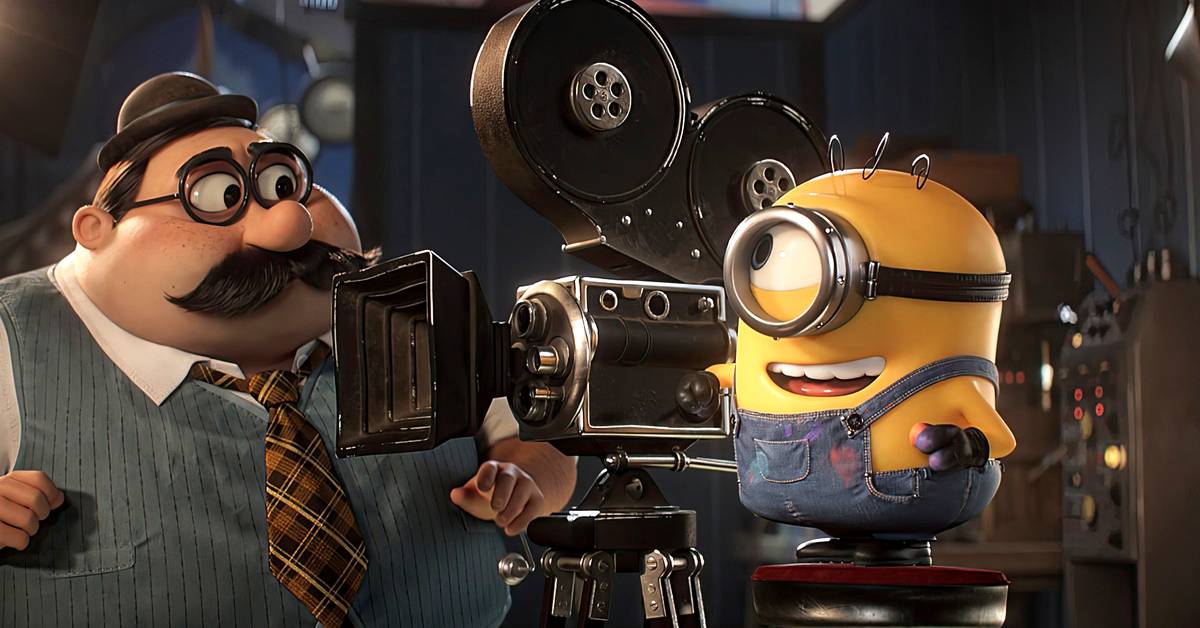 Animated Yellow Minion in Blue Overalls Filming with a Vintage Movie Camera Guided by a Man in a Vest and Tie on a Film Set