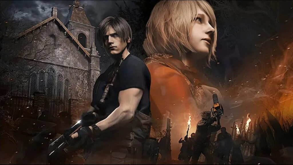 Two Protagonists Stand Back to back in a Dark Fiery Battle Near a Ruined Gothic Church and Torches