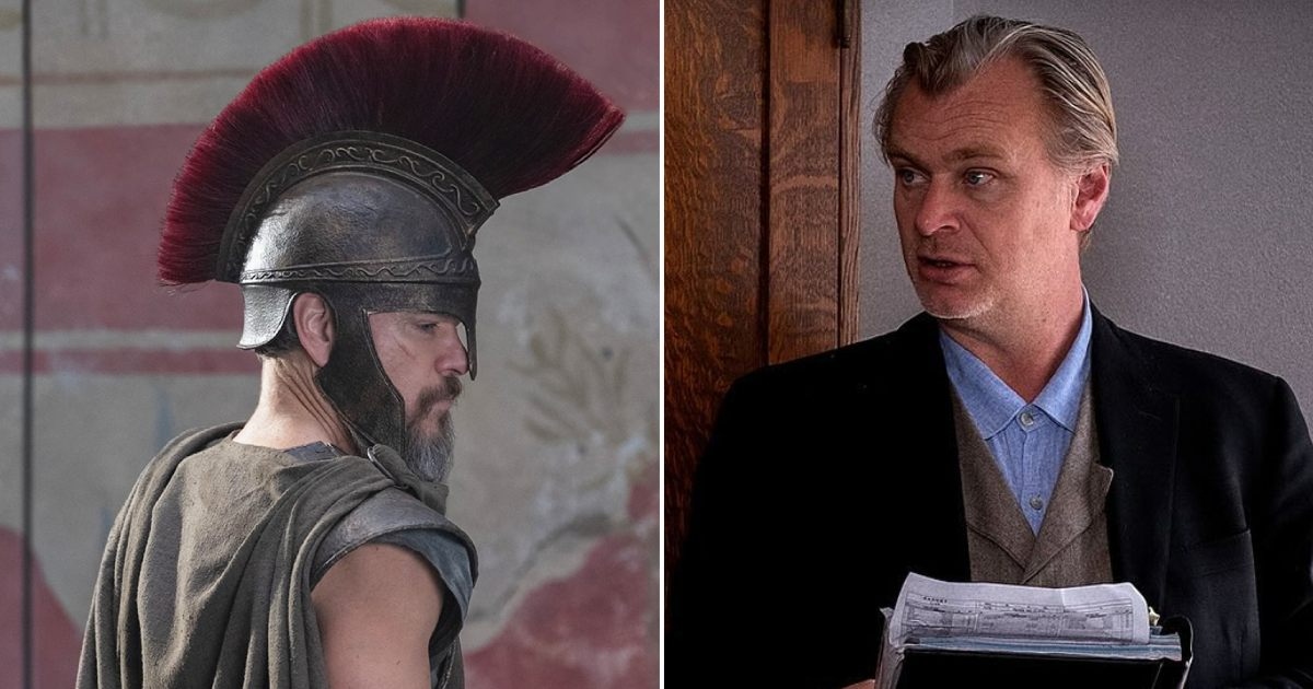 Side by side Image a Roman Soldier in Bronze Helmet with a Red Plume on the Left and a Man in a Suit Holding Papers on the Right