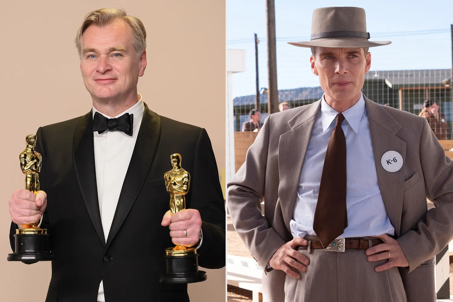 Two Men Photographed Side by Side Left in a Black Tuxedo Holding Two Oscar Statues Right in a Tan Suit with a Fedora and a