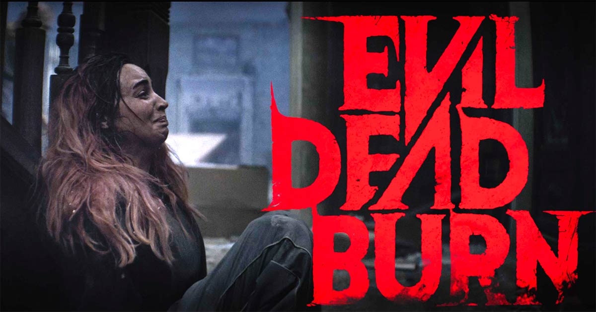 Promotional Poster for Evil Dead Rise Showing a Woman with Pink Hair Sitting Against a Railing on the Left and Bold Red Title on the Right