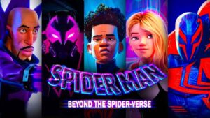 Poster for Spider man Beyond the Spider verse Featuring Stylized Spiderhero Characters and a Neon Title