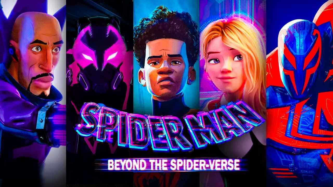 Poster for Spider man Beyond the Spider verse Featuring Stylized Spiderhero Characters and a Neon Title
